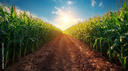 Pathway through a golden cornfield at sunset under a clear blue sky