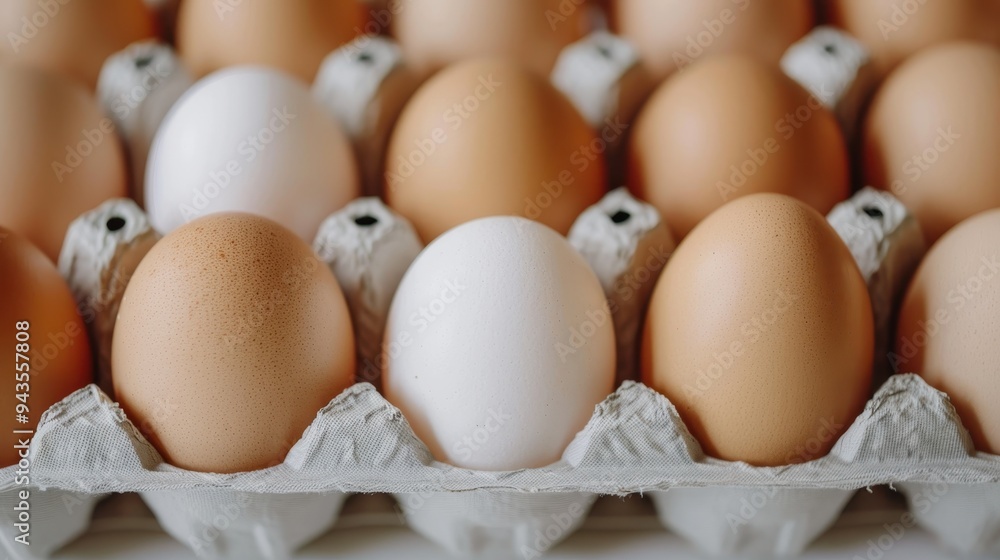 Close-up of a carton filled with fresh brown and white eggs, arranged neatly in rows, highlighting their natural texture and variety. Close-up of a carton filled with fresh brown and white eggs, arranged neatly in rows, highlighting their natural texture and variety.