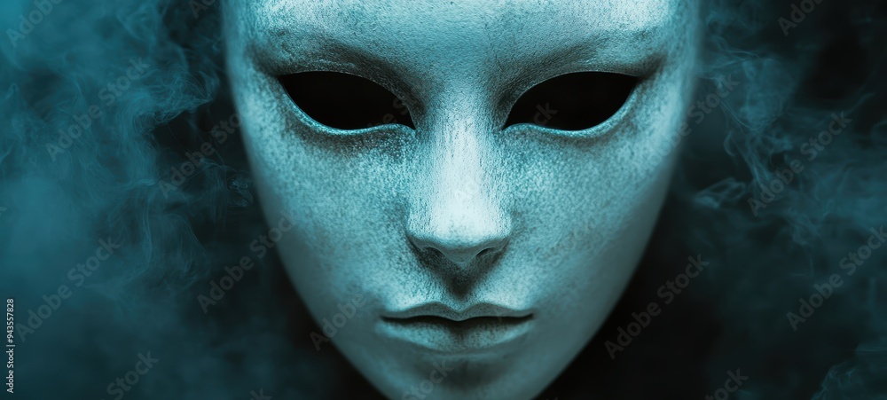 Ghostly white mask with hollow eyes and a blank, eerie expression