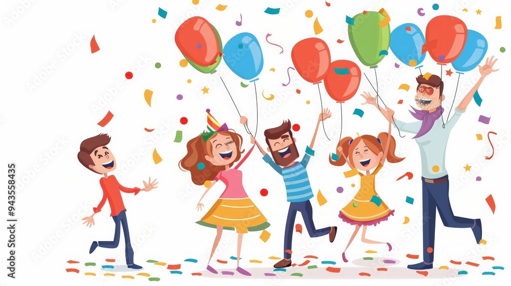 Joyful cartoon family celebrating together, Joyful cartoon family celebrating together,