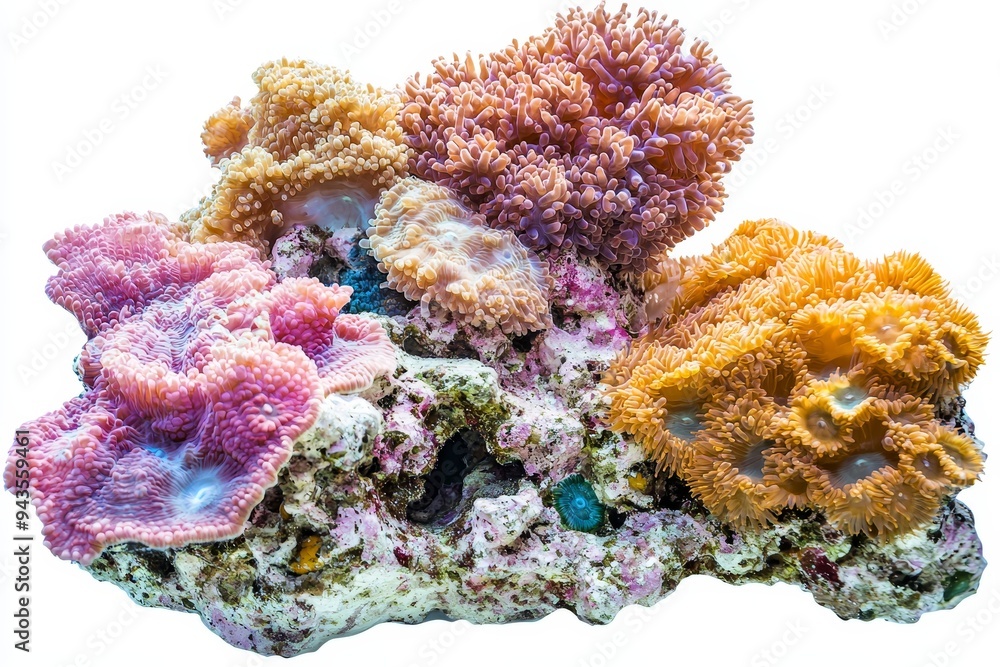 Naklejka premium Underwater coral reef with colorful branches, isolated on a sea stone