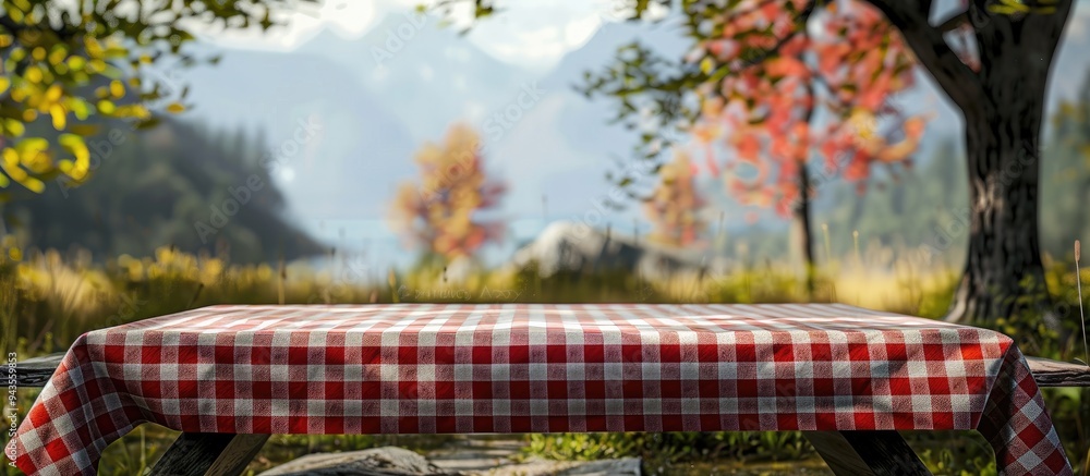 Picnic table set with red checkered tablecloth on outdoor table with copy space image available Picnic table set with red checkered tablecloth on outdoor table with copy space image available