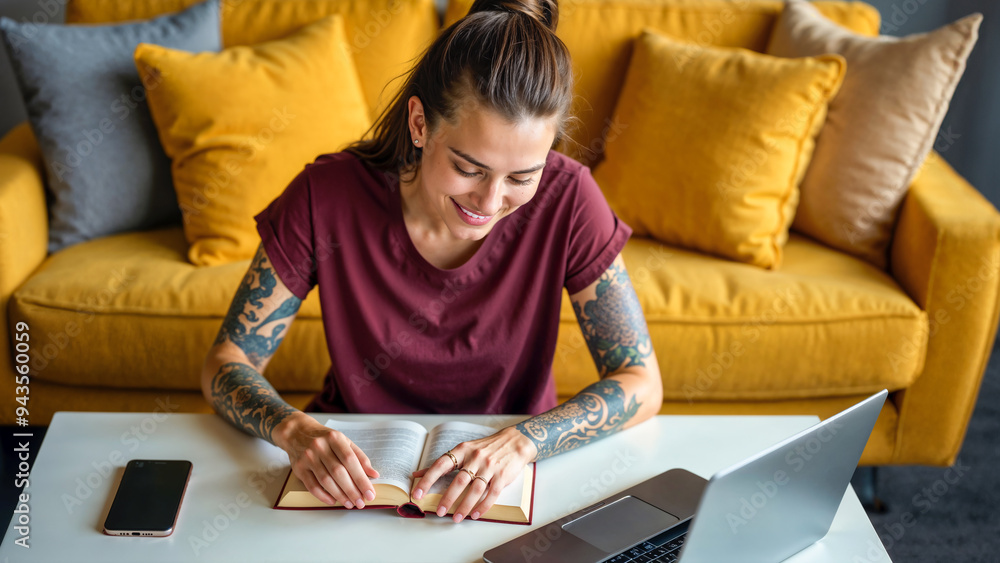 Tattooed Woman Studying with Book and Laptop at Home Tattooed Woman Studying with Book and Laptop at Home