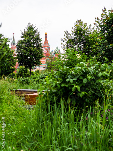 overgrown green park and Kremlin towers in summer photo