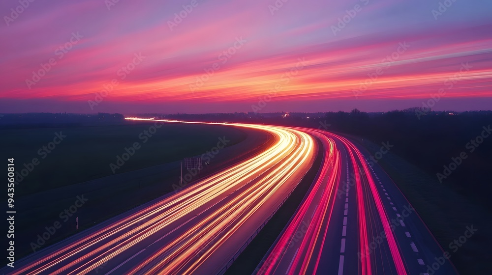 Highway with long exposure lights, car light trails on the highway at sunset, fast-moving cars and traffic in motion blur on the motorway Highway with long exposure lights, car light trails on the highway at sunset, fast-moving cars and traffic in motion blur on the motorway