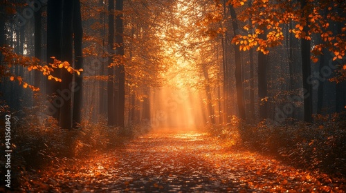 A tranquil path through a dense forest adorned with golden leaves during the glowing autumn light