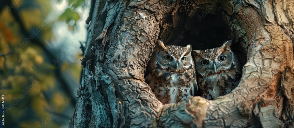 A pair of owls perched inside a tree hollow creating a tranquil scene with copy space image A pair of owls perched inside a tree hollow creating a tranquil scene with copy space image