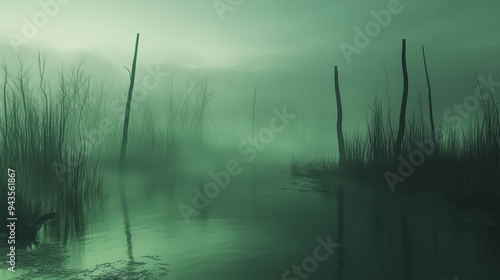 Eerie Green Glow in a Foggy Swamp photo