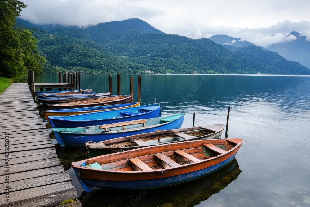 A wooden dock hosts a neat row of colorful boats tied up along a peaceful lake, surrounded by lush forests and towering misty mountains under a cloudy sky. A wooden dock hosts a neat row of colorful boats tied up along a peaceful lake, surrounded by lush forests and towering misty mountains under a cloudy sky.