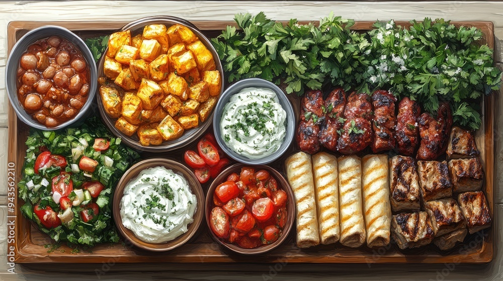 Greek food set with moussaka, souvlaki, and tzatziki Greek food set with moussaka, souvlaki, and tzatziki