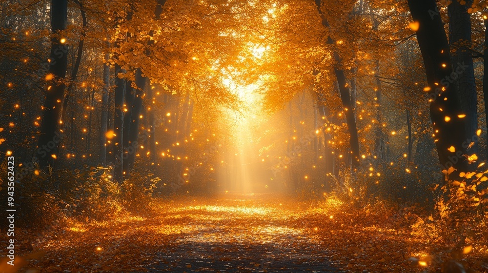 Golden leaf path through a tranquil forest illuminated by soft sunlight in autumn's embrace Golden leaf path through a tranquil forest illuminated by soft sunlight in autumn's embrace