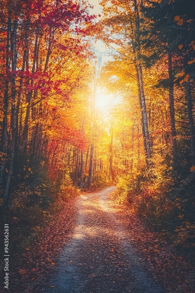 In the autumn forest, rays of warm sunlight pass through branches and vibrant fall leaves are a vivid gold and red color. In the autumn forest, rays of warm sunlight pass through branches and vibrant fall leaves are a vivid gold and red color.