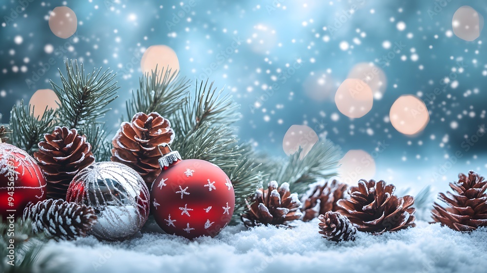 bright winter scene, glowing Christmas ornaments, red and silver baubles, pine branches, multiple pinecones, shimmering snowflakes, soft snow, icy blue background. bright winter scene, glowing Christmas ornaments, red and silver baubles, pine branches, multiple pinecones, shimmering snowflakes, soft snow, icy blue background.