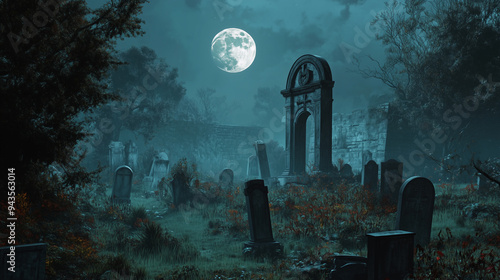 Haunting Full Moon Over an Enchanted Graveyard photo