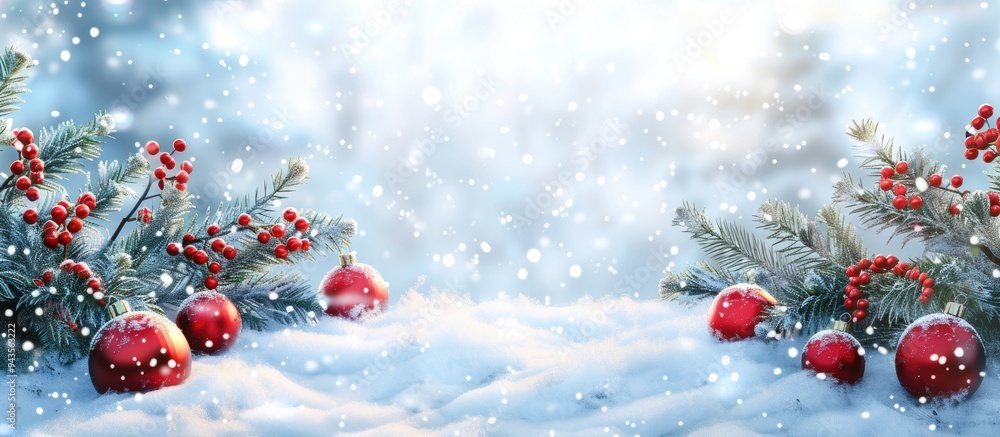 Snow covered background adorned with customary Christmas decorations along the edge offering a designated area for a copy space image Snow covered background adorned with customary Christmas decorations along the edge offering a designated area for a copy space image