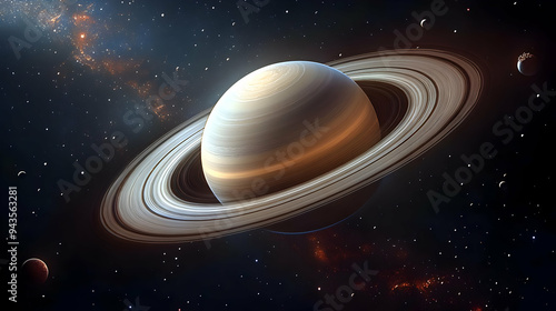 A detailed view of Saturn with its rings and a distant galaxy.