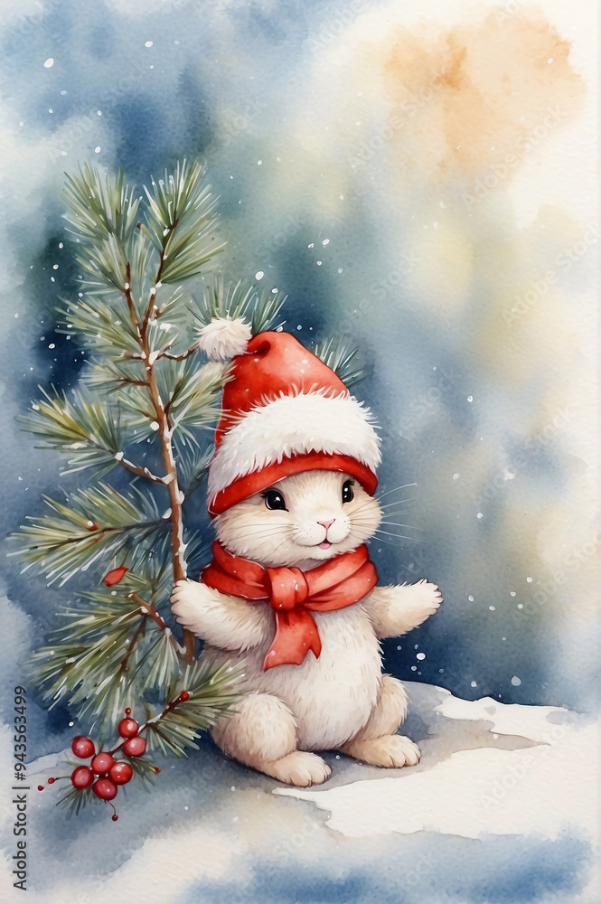 Children's Christmas card with bunny, painted in watercolor. Children's Christmas card with bunny, painted in watercolor.