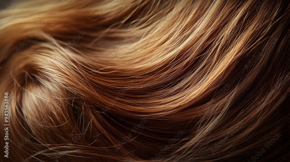 Naklejka premium Close-up of brown hair ponytail, detailed hair texture, wispy strands, soft focus background, natural light, rich chestnut and caramel tones, silky smooth hair.
