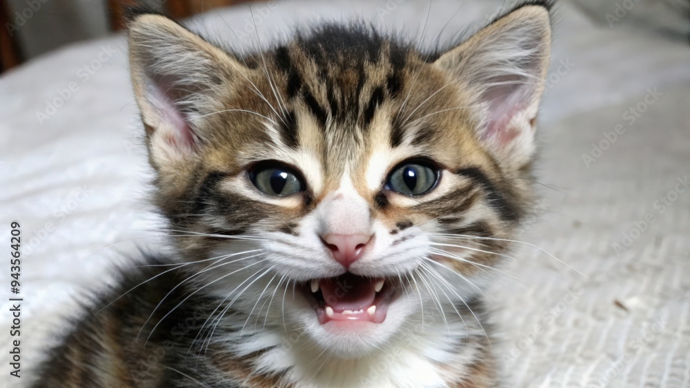 Naklejka premium A Close-Up of a Tabby Kitten with Green Eyes and an Open Mouth