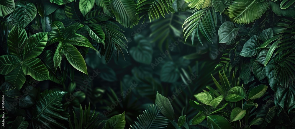 Dark toned tropical forest setting with an abstract background of green evergreen leaves showcasing a botanical theme with copy space image for ecological and biological concepts Dark toned tropical forest setting with an abstract background of green evergreen leaves showcasing a botanical theme with copy space image for ecological and biological concepts