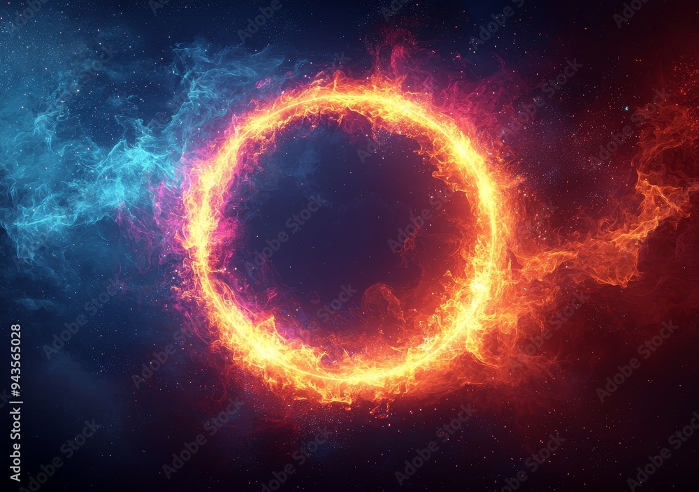 Fototapeta premium A deep dimensioned abstract circle with glowing neon lights on a dark blue background.