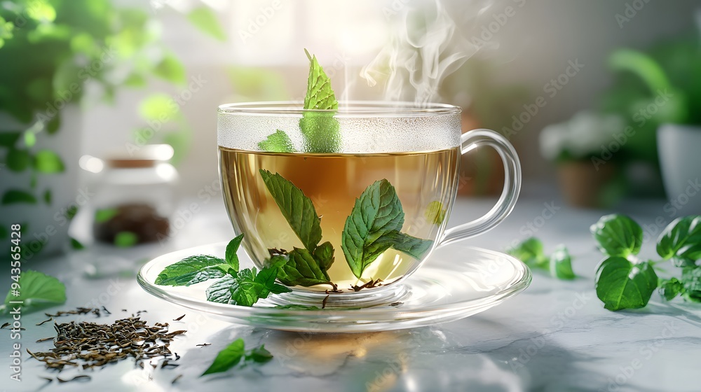 Glass cup of green tea, fresh mint leaves, dried tea leaves scattered, white marble countertop, soft natural lighting, steam rising from cup, transparent teacup and saucer. Glass cup of green tea, fresh mint leaves, dried tea leaves scattered, white marble countertop, soft natural lighting, steam rising from cup, transparent teacup and saucer.