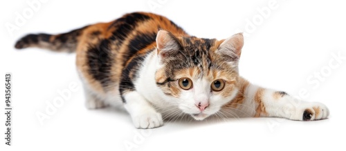 A short haired cat with white orange and black fur scratching in front of a white background creating a visually stunning copy space image