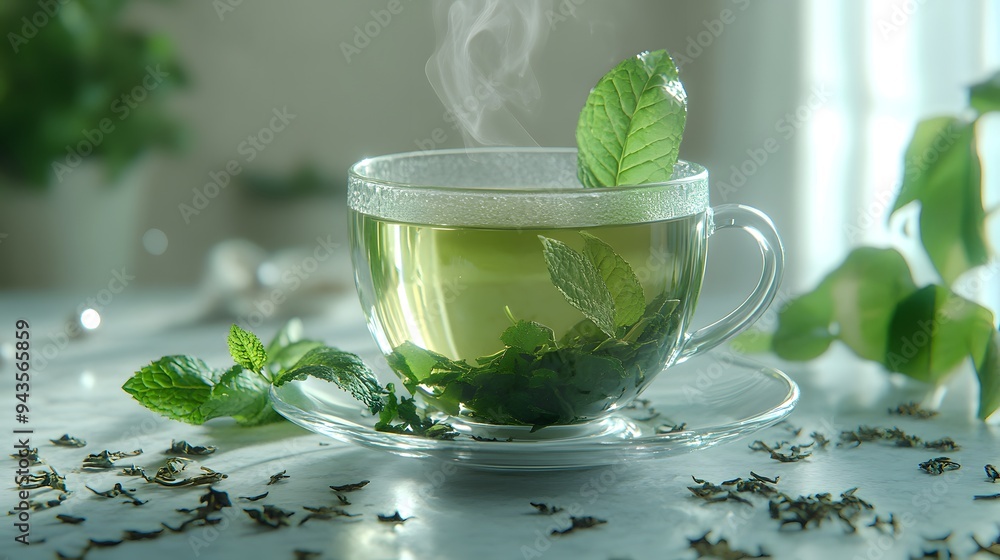 Glass cup of green tea, fresh mint leaves, dried tea leaves scattered, white marble countertop, soft natural lighting, steam rising from cup, transparent teacup and saucer. Glass cup of green tea, fresh mint leaves, dried tea leaves scattered, white marble countertop, soft natural lighting, steam rising from cup, transparent teacup and saucer.