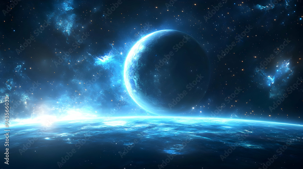 Fototapeta premium A distant planet with a bright blue sky and a large moon.