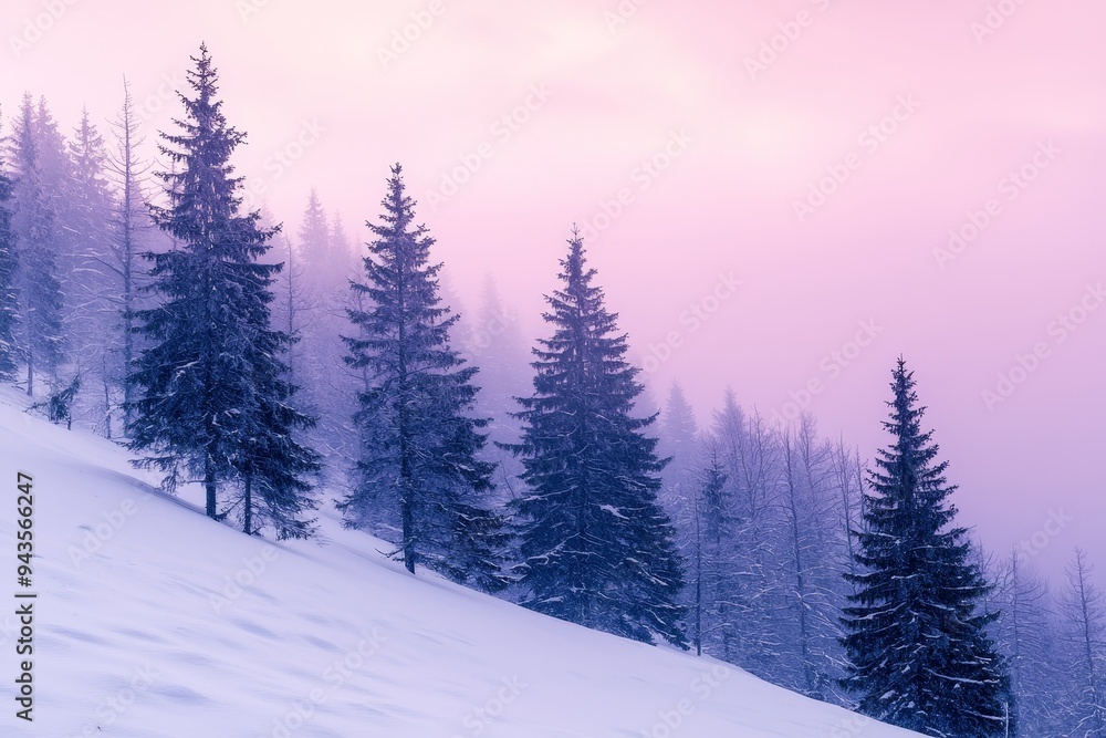 Fototapeta premium Snowy valley covered in coniferous woods at sunset in winter