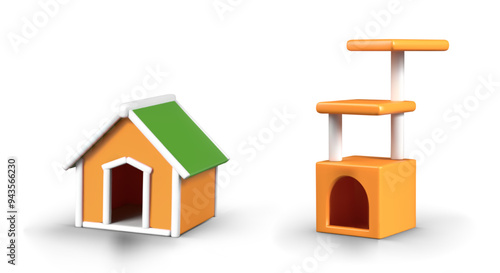Set of 3D houses for cat and dog. Vector kennel, high house with multi level beds
