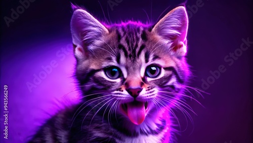 Portrait of a Kitten with Tongue Out Against a Purple Background