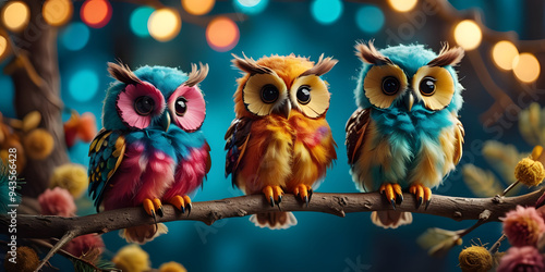 3 cute owls sitting on a branch