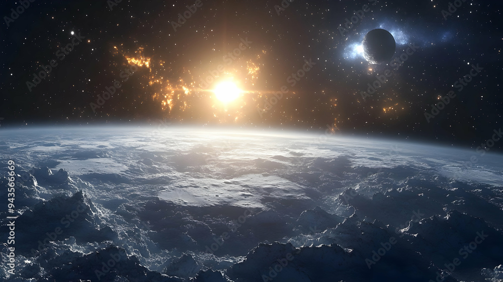 A distant planet with a bright star in the background and a dark planet in the foreground. A distant planet with a bright star in the background and a dark planet in the foreground.