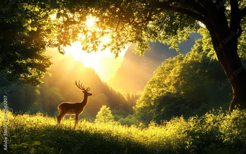 A serene deer standing gracefully in a sunlit forest, surrounded by lush trees and golden light, capturing nature's tranquility.