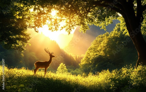 Obraz na płótnie A serene deer standing gracefully in a sunlit forest, surrounded by lush trees and golden light, capturing nature's tranquility. w salonie