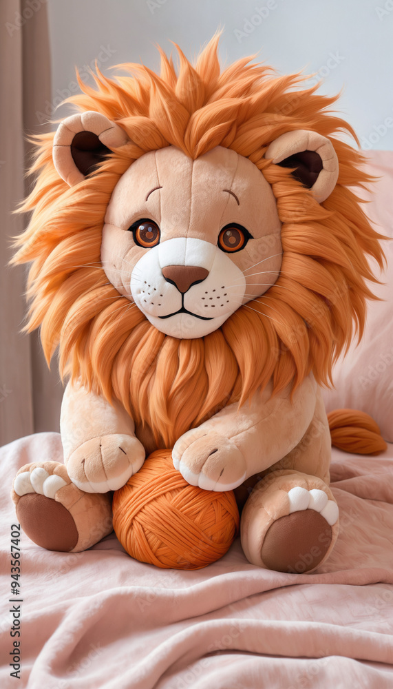 Lion plush toy with ball on pink blanket Lion plush toy with ball on pink blanket