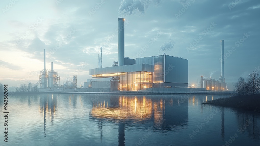 A modern power plant featuring integrated carbon capture stands beside a calm waterbody at dusk. A modern power plant featuring integrated carbon capture stands beside a calm waterbody at dusk.