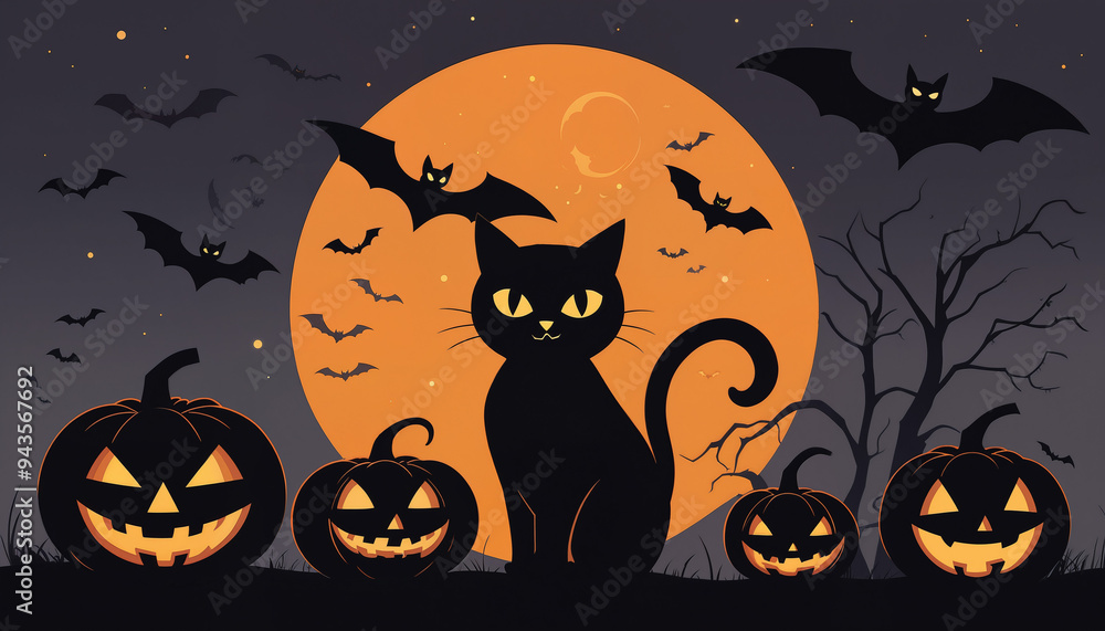 Halloween Cat with Pumpkins Halloween Cat with Pumpkins