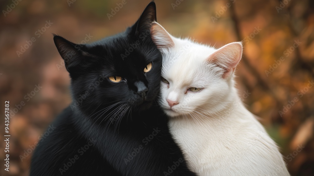 Affectionate Feline Duo: Contrasting Cats Cuddling in Autumn Setting