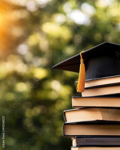 A stack of books topped with a graduation cap symbolizes academic achievement and the journey of education.