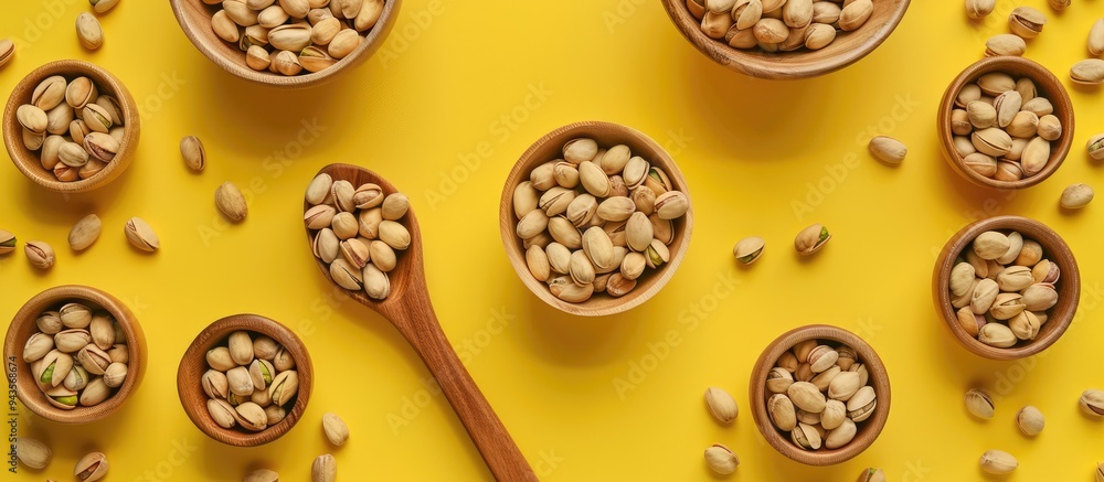 A wooden spoon surrounded by bowls filled with delicious pistachio nuts on a vibrant yellow backdrop ideal for a copy space image A wooden spoon surrounded by bowls filled with delicious pistachio nuts on a vibrant yellow backdrop ideal for a copy space image