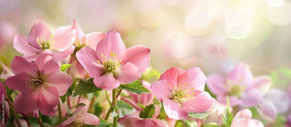 Fototapeta premium Spring bloom of pink hellebore flowers with a natural wildflower backdrop creates a scenic setting for text or other elements in the image. Creative banner. Copyspace image
