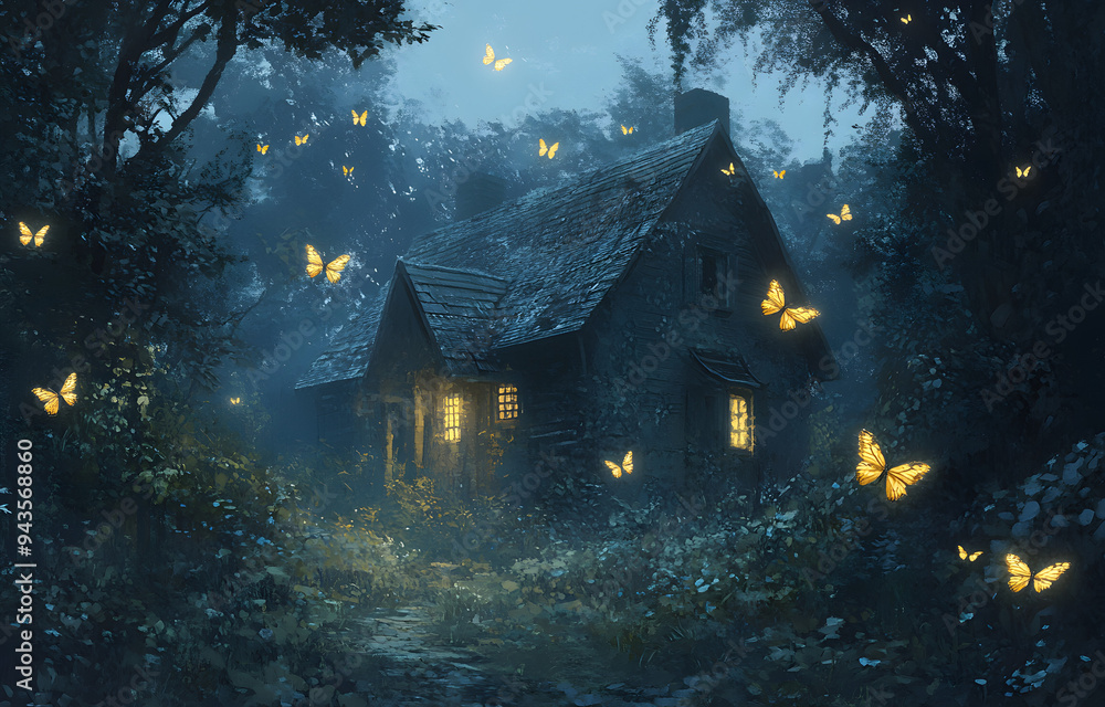 A Fantasy House in the Woods with Butterflies Flying Around, Surrounded by Enchanting Forest Scenery, Capturing the Magic and Whimsy of a Fairy Tale Setting, Perfect for Illustrating Themes of Fantasy A Fantasy House in the Woods with Butterflies Flying Around, Surrounded by Enchanting Forest Scenery, Capturing the Magic and Whimsy of a Fairy Tale Setting, Perfect for Illustrating Themes of Fantasy