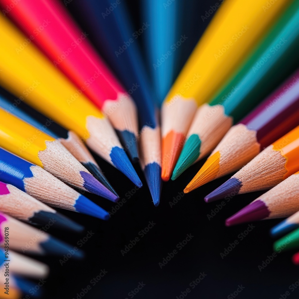 A vibrant array of colored pencils arranged in a circular pattern, showcasing a beautiful spectrum of colors against a dark background. A vibrant array of colored pencils arranged in a circular pattern, showcasing a beautiful spectrum of colors against a dark background.