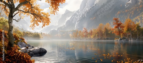 Scenic autumn foliage by a vast river perfect for a copy space image