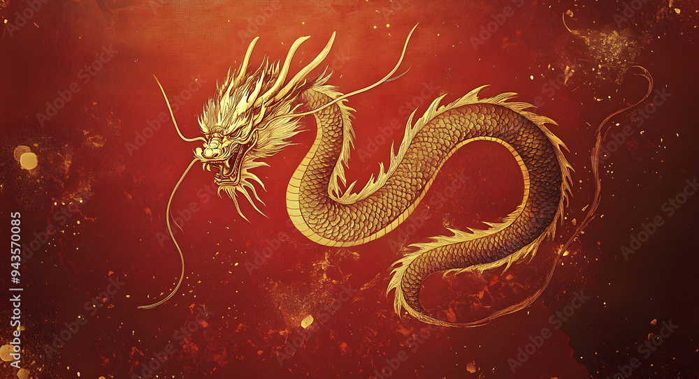 A Dark Red Background with a Chinese Dragon Accented by Gold, Symbolizing Strength, Power, and Prosperity, Perfectly Capturing the Essence of Traditional Chinese Culture and Mythology, Ideal for Illus A Dark Red Background with a Chinese Dragon Accented by Gold, Symbolizing Strength, Power, and Prosperity, Perfectly Capturing the Essence of Traditional Chinese Culture and Mythology, Ideal for Illus