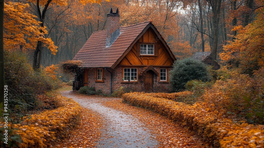Charming pathway lined with vibrant autumn leaves leading to a cozy cottage in a serene forest setting Charming pathway lined with vibrant autumn leaves leading to a cozy cottage in a serene forest setting