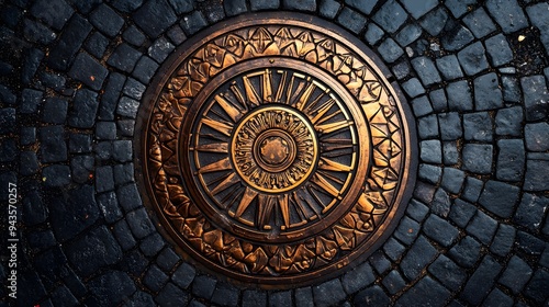 ornate manhole cover, intricate circular design, copper and bronze tones, embedded in black asphalt road, geometric patterns, urban infrastructure.