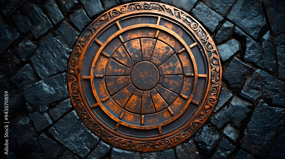 Obraz premium ornate manhole cover, intricate circular design, copper and bronze tones, embedded in black asphalt road, geometric patterns, urban infrastructure.